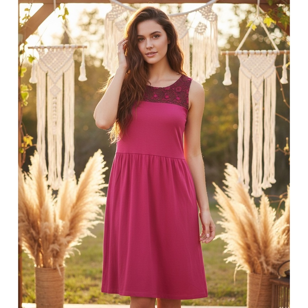 Loft M Dress Women's Pink Red Jersey Lace Crochet Cottage Boho Indie Chic Casual
